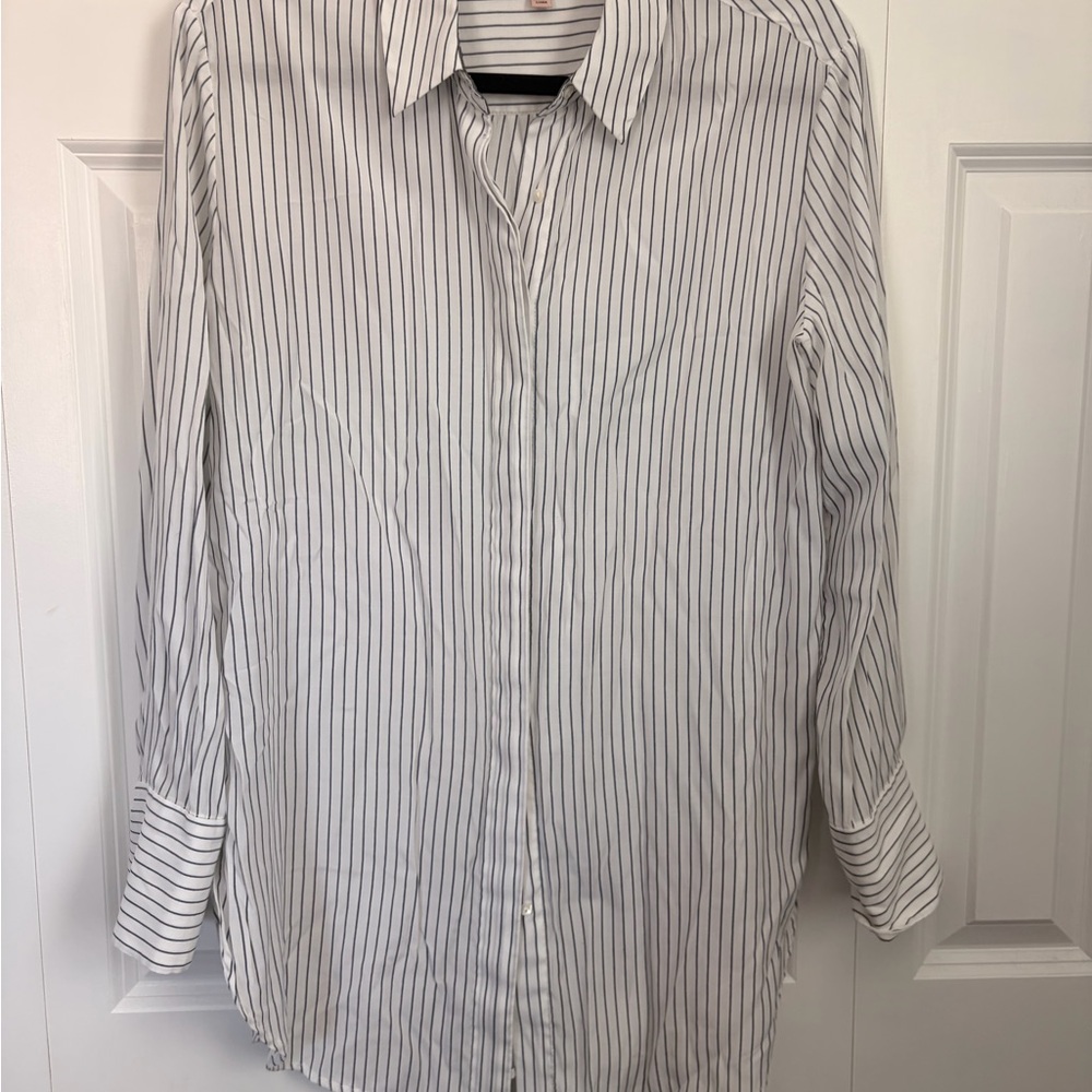 Philosophy Classic White & Navy Striped Women’s Tunic Button Down Shirt